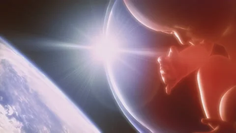 Human fetus floating in slow motion surrounded by a bubble, above planet earth 스톡 동영상 164955918