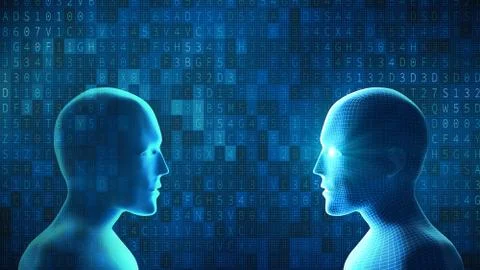 Human fights robot with digital computer data code on blue background. Artifi Stock Illustration