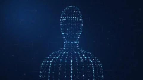 Human figure formed from glowing blue particles on a dark blue background Vídeo Stock 344791328
