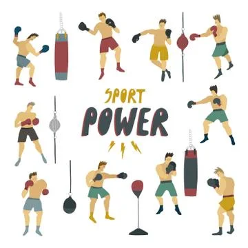 Human figure in motion Strong man stand in different poses with boxing gloves Stock Illustration