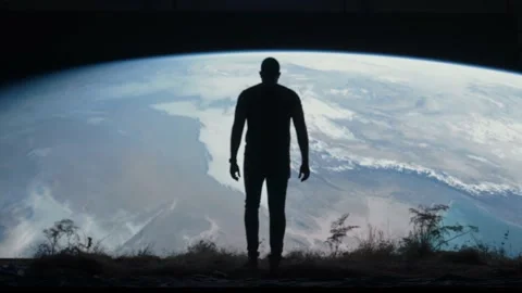 Human Figure Observing Exploring Planet Earth From Outer Space Tourism Stock Footage 195189976