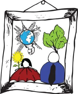 Human figures in a frame with various doodles Stock Illustration