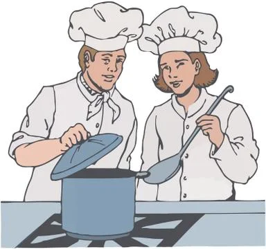 Human figures in white uniform from cook in attitude of work Illustrazione stock