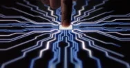 Human Finger Activates Futuristic Artificial Intelligence Computer Stock Footage