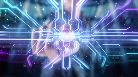 Human Finger Activates Touch Screen Button with Futuristic Interface Stock Footage 172587479