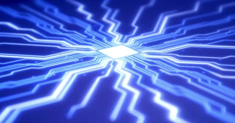 Human finger interacting with illuminated glowing futuristic processor chip Stock Footage 317693180