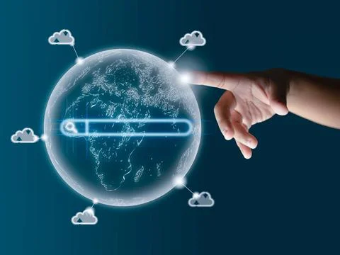 The human finger points to the world model. Displays data transfers around th Stock Photos