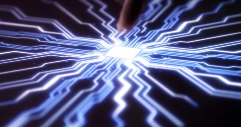 Human finger pressing glowing virtual circuit button close up Stock Footage 317680487