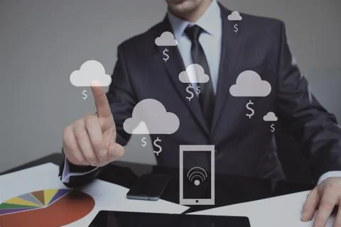 Human finger pressing high tech glowing modern cloud service interface touch Foto stock