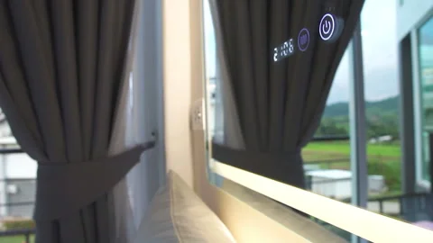 Human finger pressing on power button to turn on and off electrical equipment Stock Footage 287104623