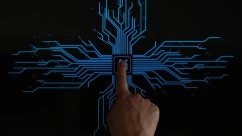 Human Finger Pushes Touch Ai With Futuristic Artificial Intelligence Spreading Stock-Footage 155065632
