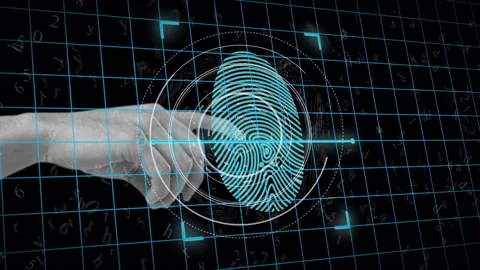 Human finger scanning over biometric scanner against grid network on black Stock Footage 150669153