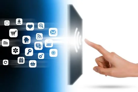 Human finger touching a mobile device touchpad Stock-Fotos