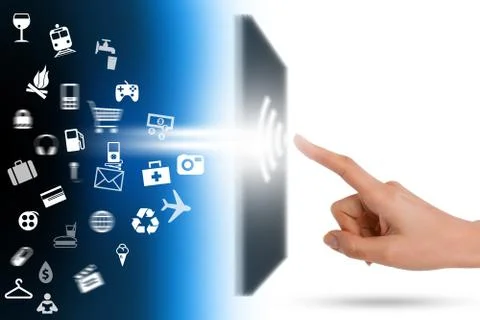 Human finger touching a mobile device touchpad Stock-Fotos