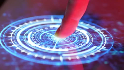Human Finger Turn on Button Activates Futuristic Artificial Intelligence engine Stock Footage 143191232