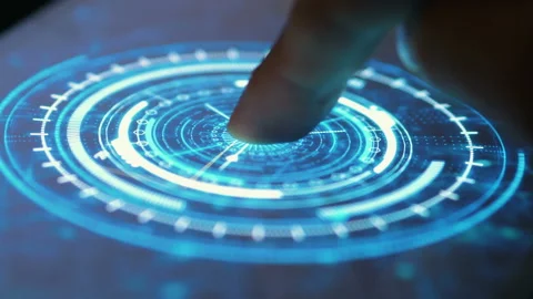 Human Finger Turns on Touch Screen Button and Activates Futuristic AI Stock-Footage 143191542