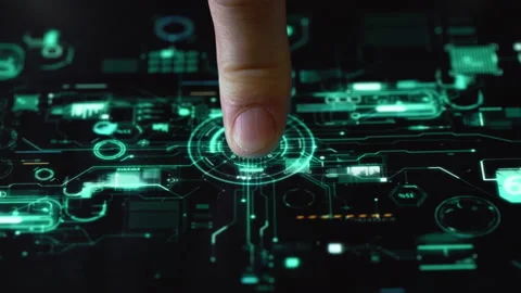 Human Finger Turns on Touch Screen Button and Activates Artificial Intelligence Stock Footage 201306692