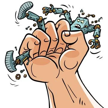 A human fist squeezes a robot. Progress and competition are a symbol. Artificial Stock Illustration