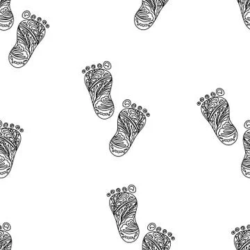 Human Foot print. Seamless pattern. Vector Illustration. Black lined elements Stock Illustration