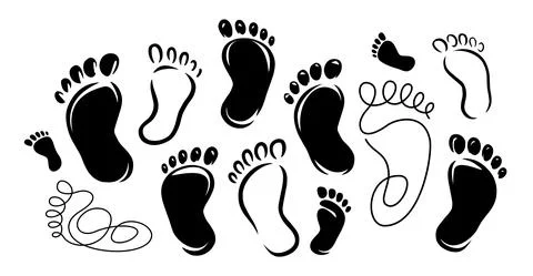 Human footprint icon set. Bare foot print symbol. Black silhouette vector Stock Illustration