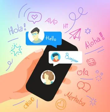 Human gesture using modern smartphone. Say hallo in different languages Stock-Illustration