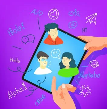 Human gesture using tablet computer. Say hello in different languages Illustrazione stock