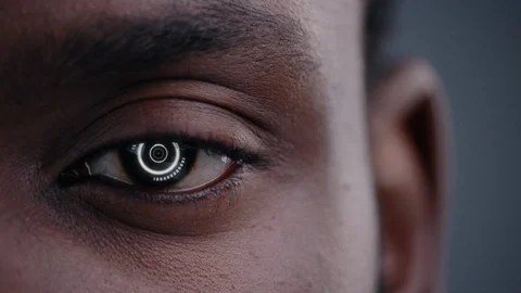 Human Half Face for Facial Recognition. African American Man Brown Eye Stock Footage 125051365