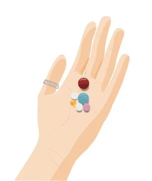 Human hand with 6 tablets in the palm and a silver ring on the thumb. Vector  Stock Illustration