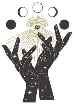 Human hand with all seeing eye sticker. Vector black tribal witchcraft art. H Stock Illustration