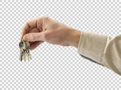 Human hand and key isolated on white background Stock Photos