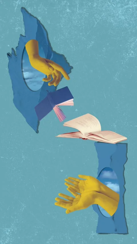 Human hand and open books over abstract background. Contemporary art collage Stock Footage 282008652