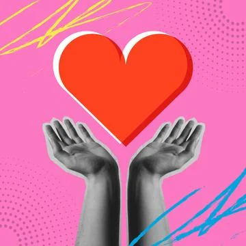 Human hand and red heart love in a collage vector illustration Stock Illustration