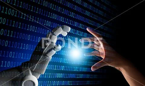 Human hand and robot hand with binary number code and light on blue screen ba Stock Photos