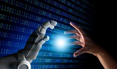 Human hand and robot hand with binary number code and light on blue screen ba 스톡 사진