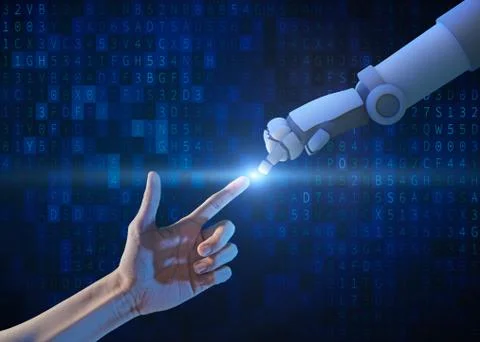 Human hand and robot hand with binary number code and light on blue screen ba 스톡 사진