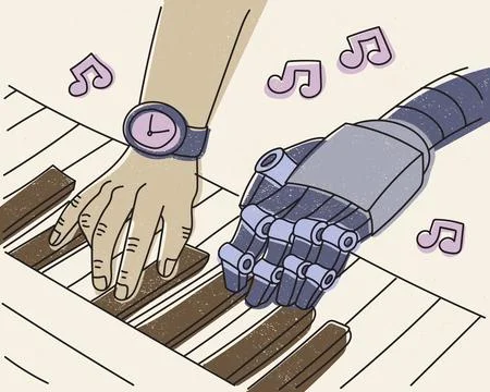 Human hand and robotic hand playing piano together Stock Illustration