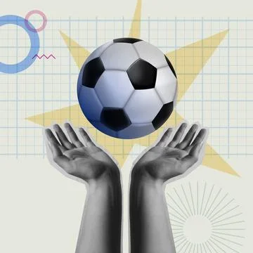 Human hand and soccer ball in retro collage vector illustration Stock Illustration