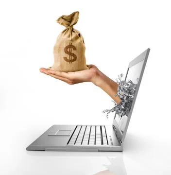 Human hand with a bag of US Dollars, coming out from computer screen. Stock Illustration