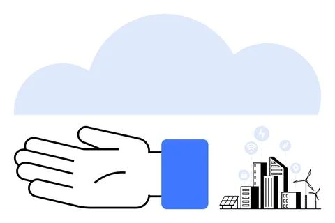 Human Hand Below Cloud Above Smart City with Renewable Energy and Technolog.. Stock Illustration