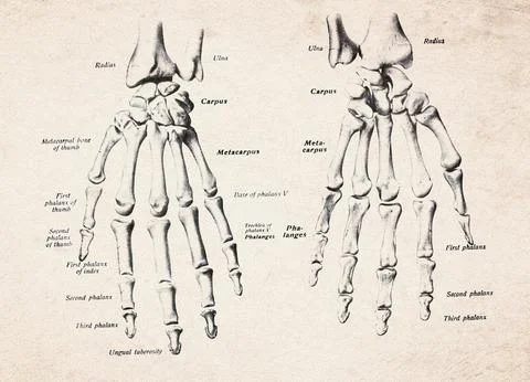 Human Hand Bones Dorsal And Volar View Vintage Anatomy Illustration Stockillustratie