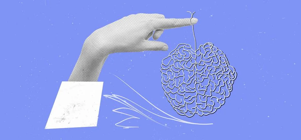 A human hand with a brain on a colored background. Collage art. Psychologists Stock Illustration