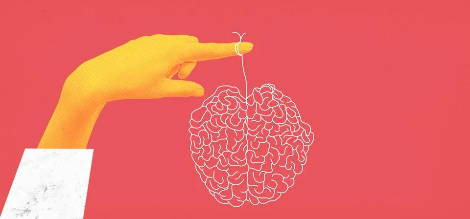 A human hand with a brain on a colored background. Collage art. Psychologists Stock Illustration