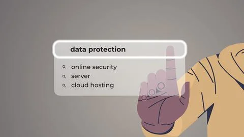 Human hand choosing data protection in search bar on virtual screen online Illustrazione stock