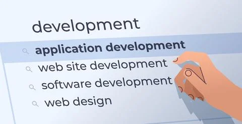 Human hand choosing development in search bar on virtual screen application Illustrazione stock