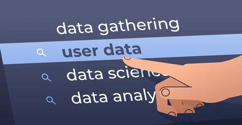 Human hand choosing user data in search bar on virtual screen internet Illustrazione stock