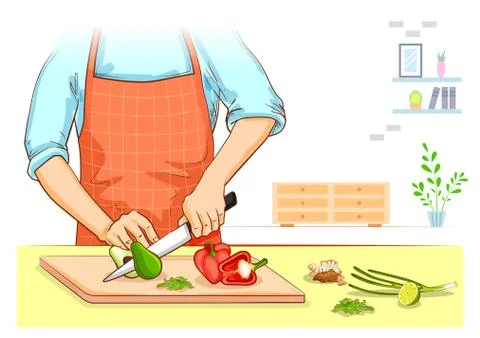Human hand chopping and cutting fresh vegetable for home cooking Stock Illustration