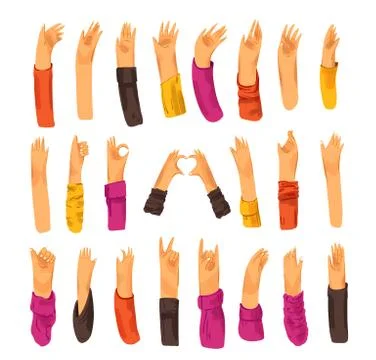 Human hand with collection of signs and hand gestures - ok, love, greetings Illustrazione stock