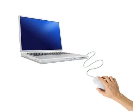Human hand with computer mouse and laptop isolated on white background Stock Photos