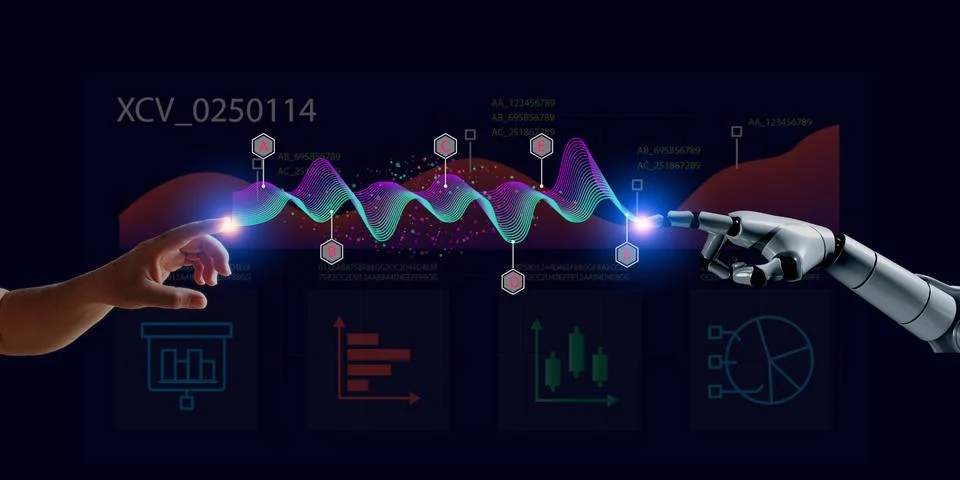 Human hand control artificial intelligence working on dashboard , technolog.. Fotos de archivo