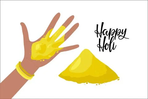 Human hand covered in yellow paint. Happy Holi handwritten calligraphy lettering Stock Illustration